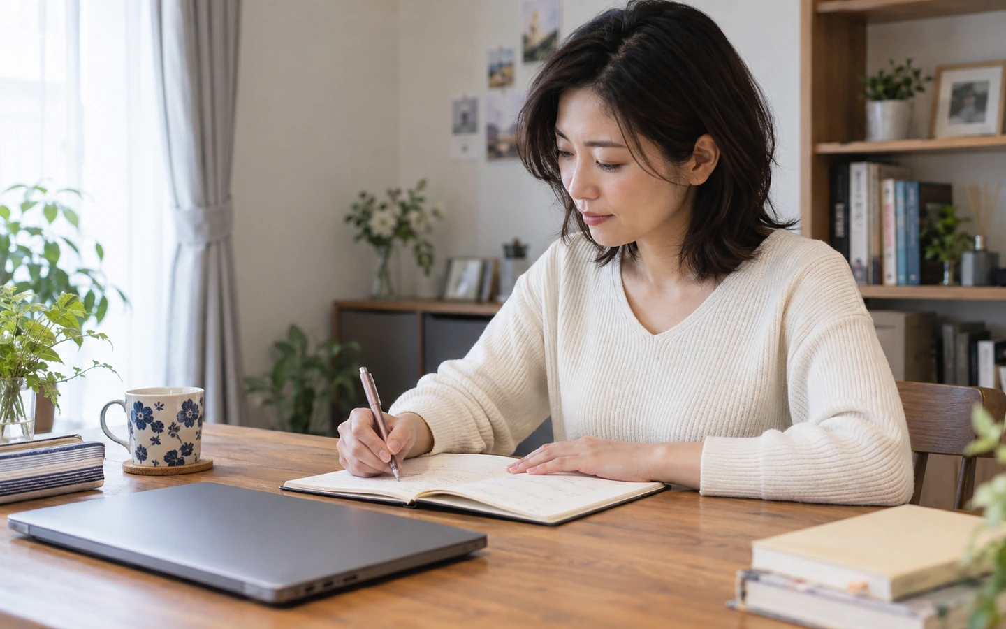 日本人女性が結婚相談所の説明相談で聞きたいことをノートに書き出して準備する編集イメージ
