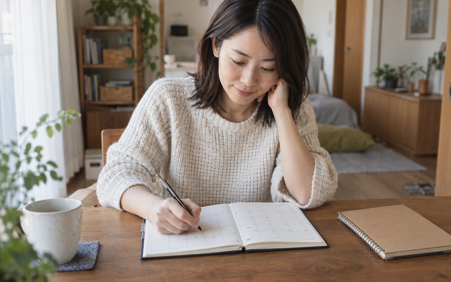婚活の予定や気持ちをノートで振り返り、自分の活動ペースを考える日本人女性の編集イメージ