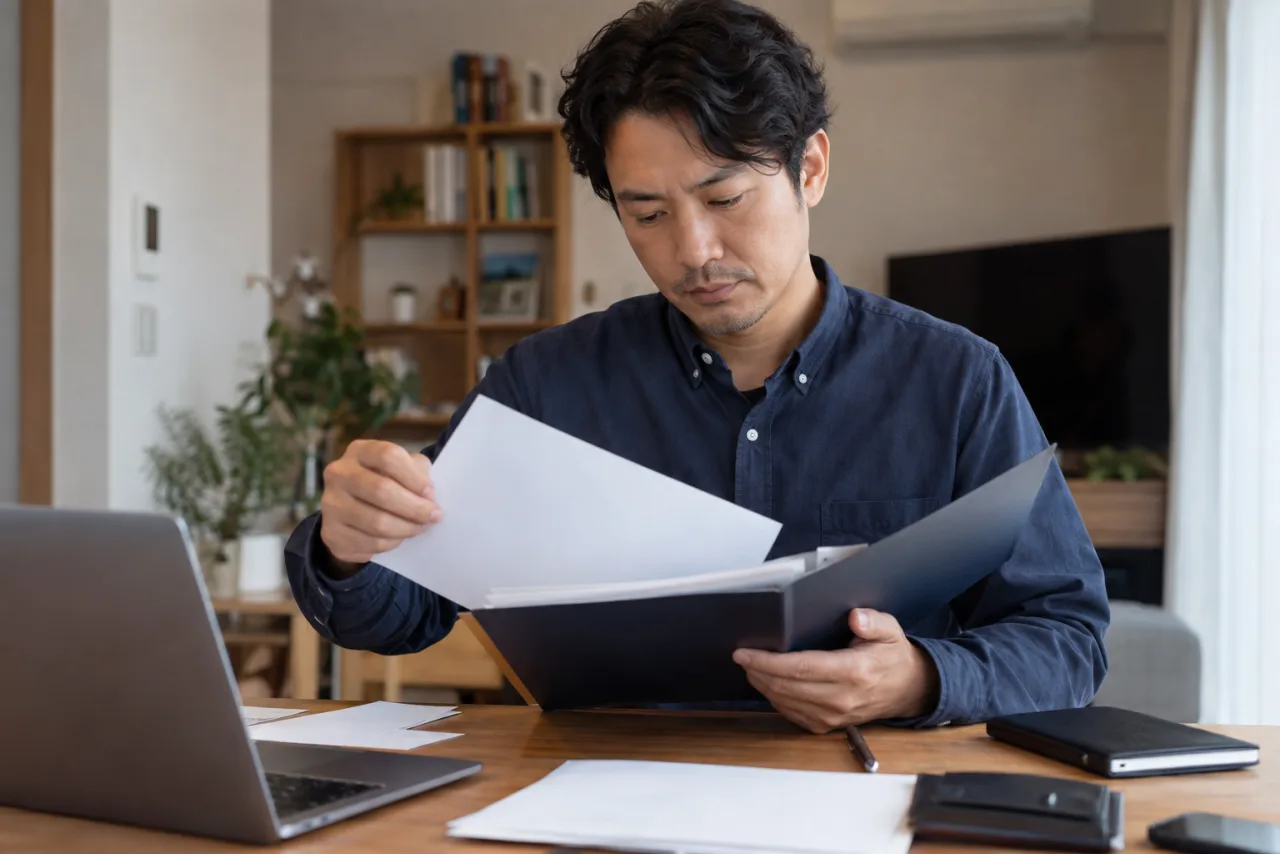 結婚相談所へ提出する本人確認書類を確認する日本人男性