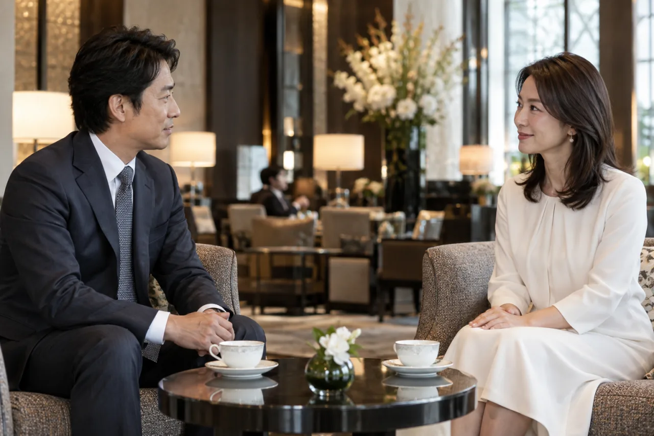 ホテルラウンジで初対面の相手と話す日本人男女