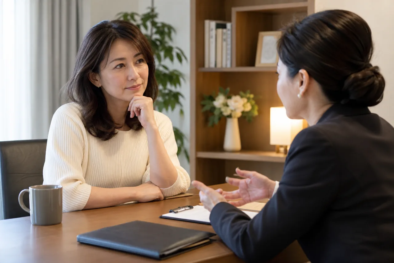 結婚相談所の交際と成婚の条件を担当者に確認する日本人女性