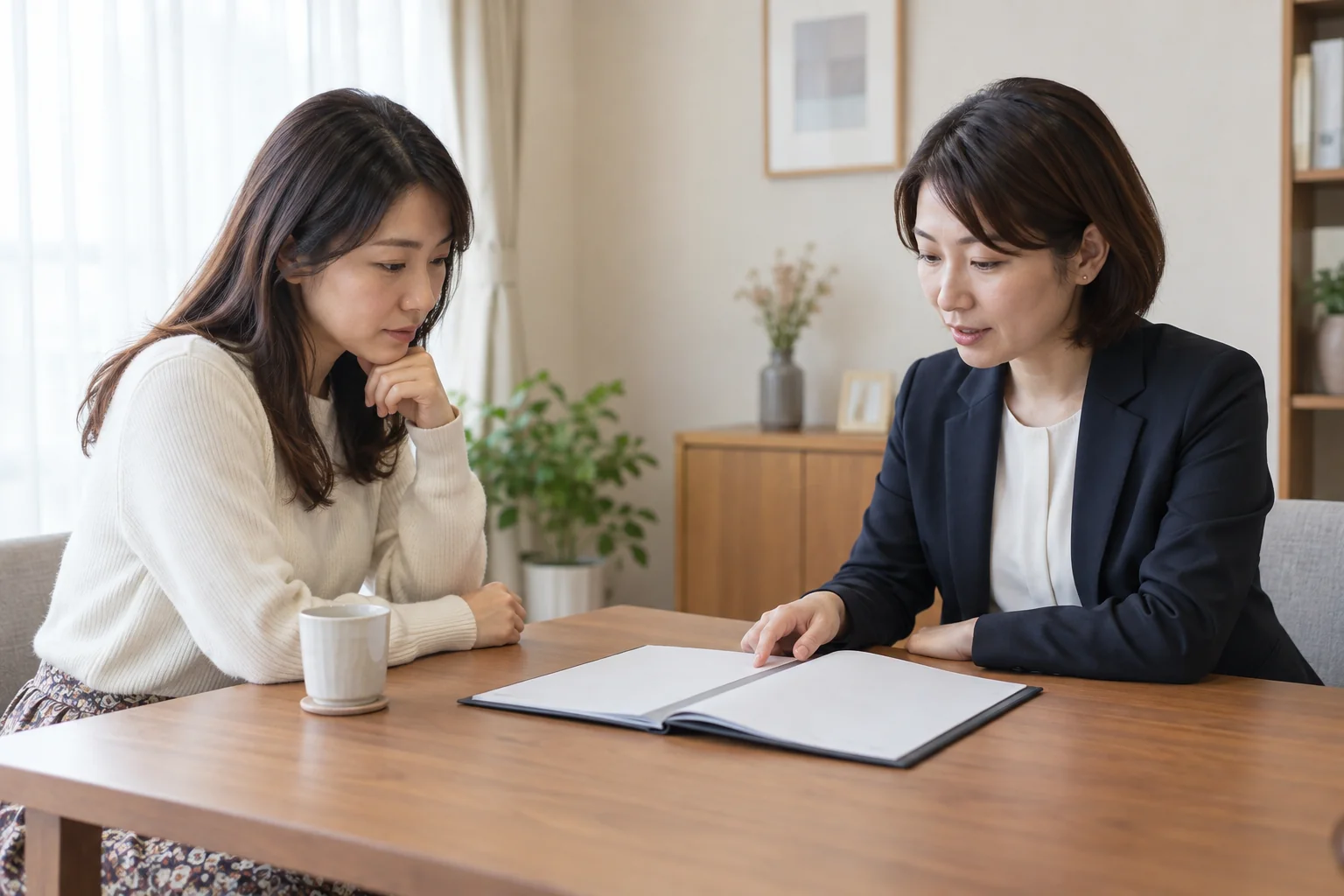 相談者の希望と契約書面を確認する日本人女性二人の再現イメージ