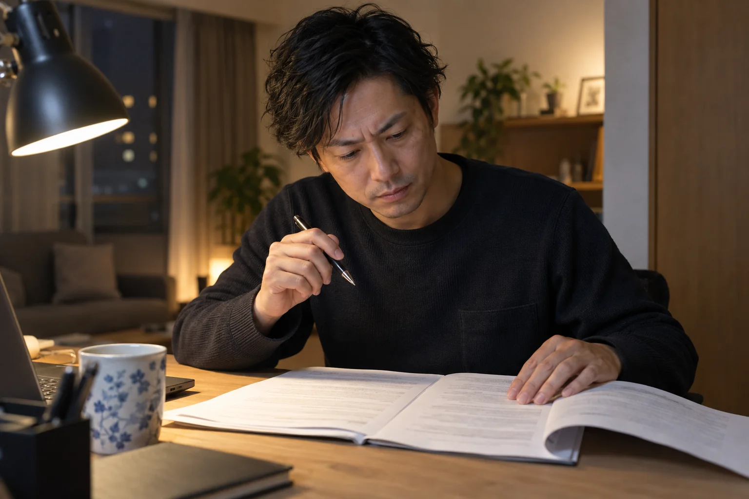 結婚相手紹介サービスの契約書面で解約条件を確認する日本人男性の再現イメージ