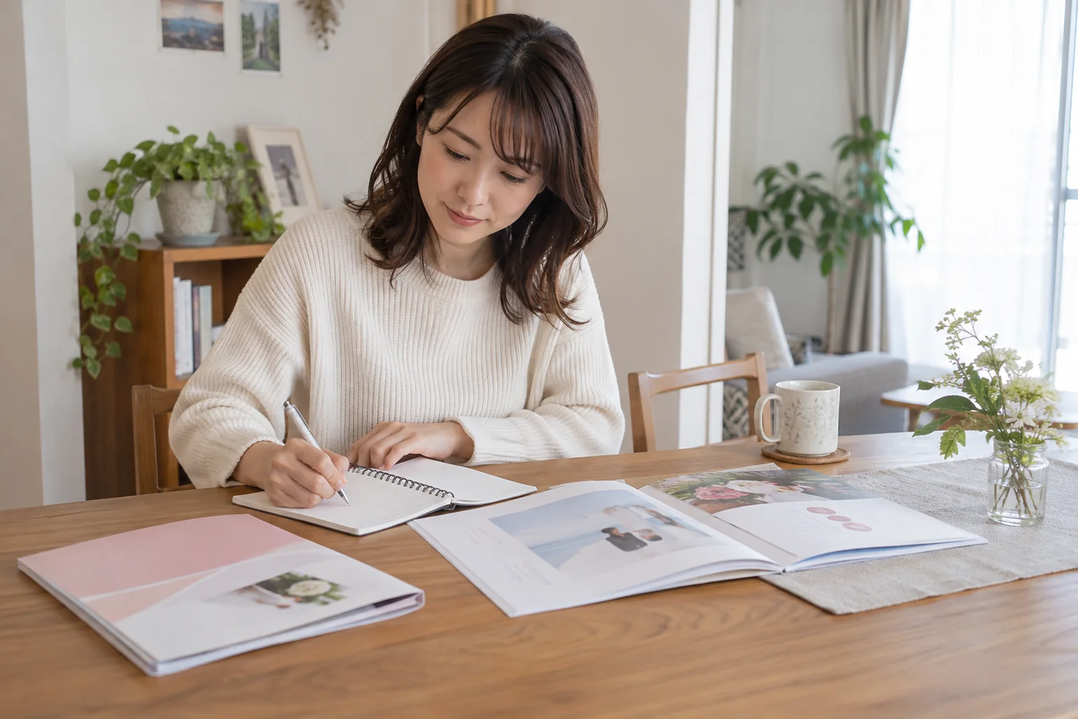 複数の結婚相談所の資料を比較し質問を書き出す日本人女性の再現イメージ