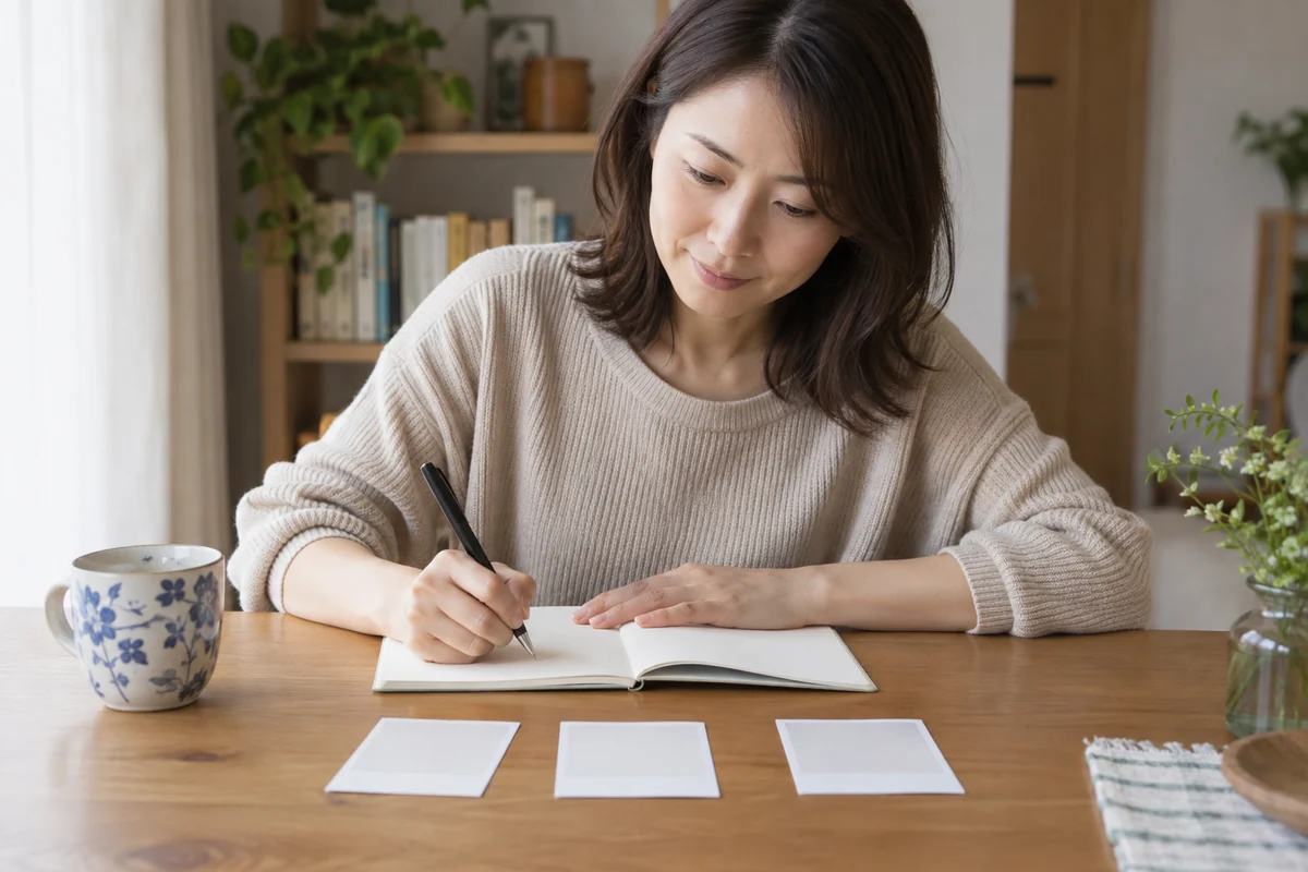 結婚相談所のプロフィール写真で伝えたい関係をノートに書く日本人女性の編集写真