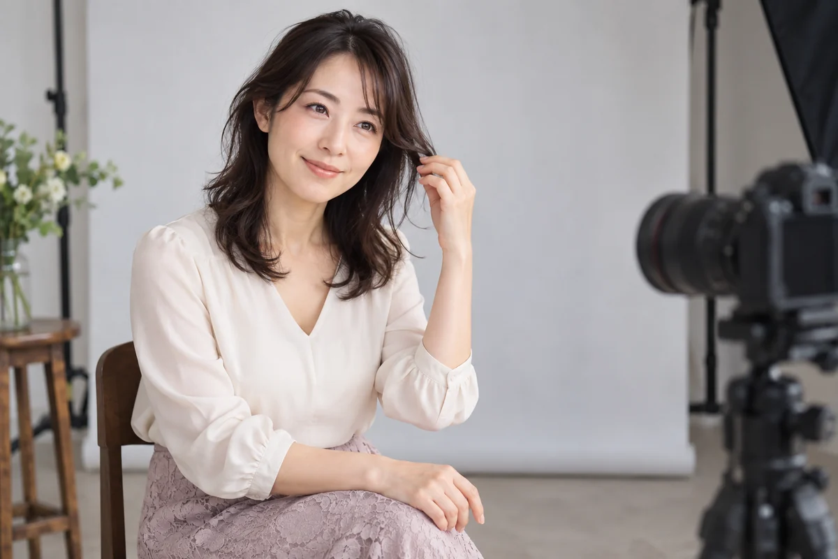 髪が顔にかからないか自然な表情を確認する日本人女性の編集写真