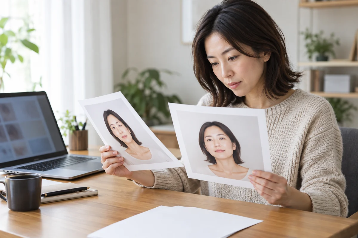 プロフィール写真の背景と加工前後を確認する日本人女性の編集写真