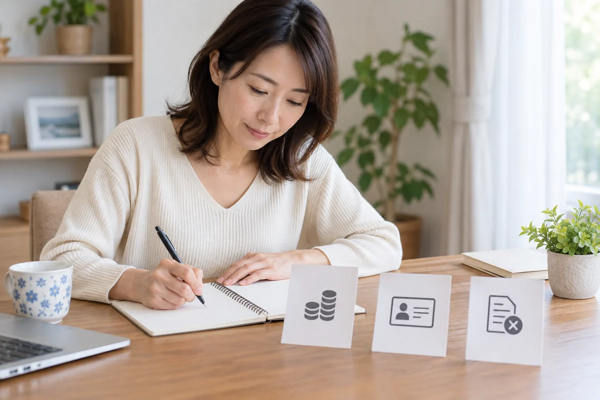 結婚相談所の費用と本人確認や安全条件をノートで確認する日本人女性の編集写真