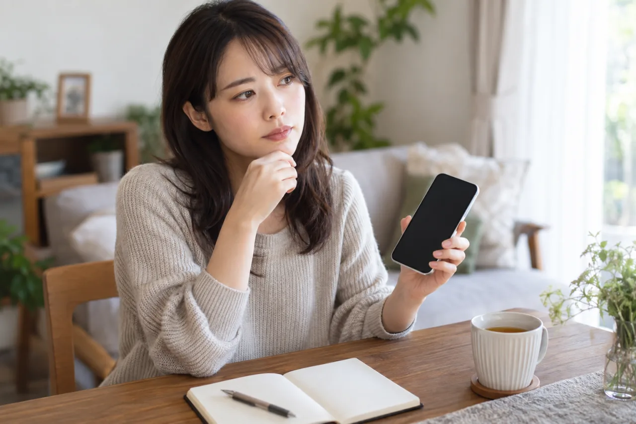 日本人女性が結婚相談所の求人応募前に勤務条件と質問事項をチェックしている様子