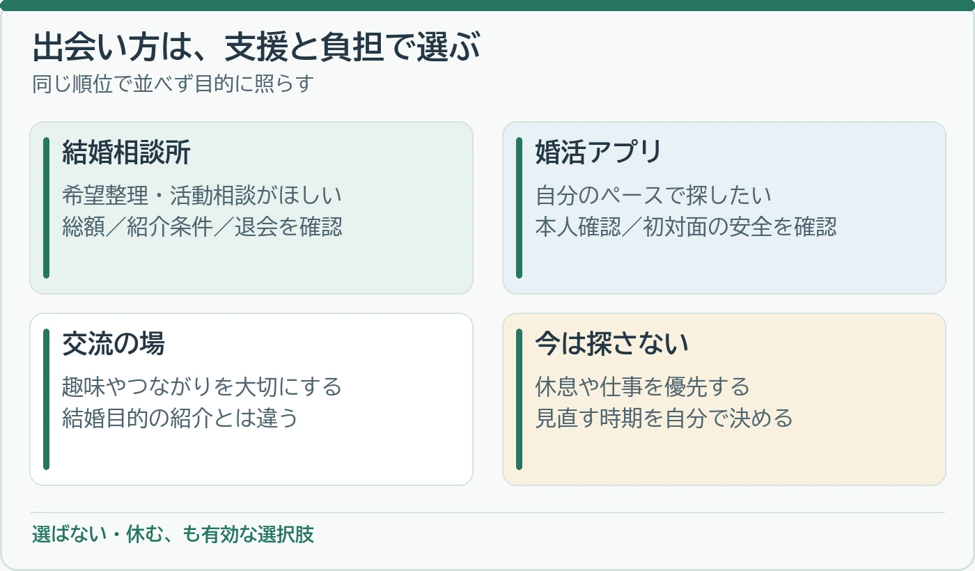 相談所、アプリ、交流の場、今は探さない選択を支援と負担で比較する図