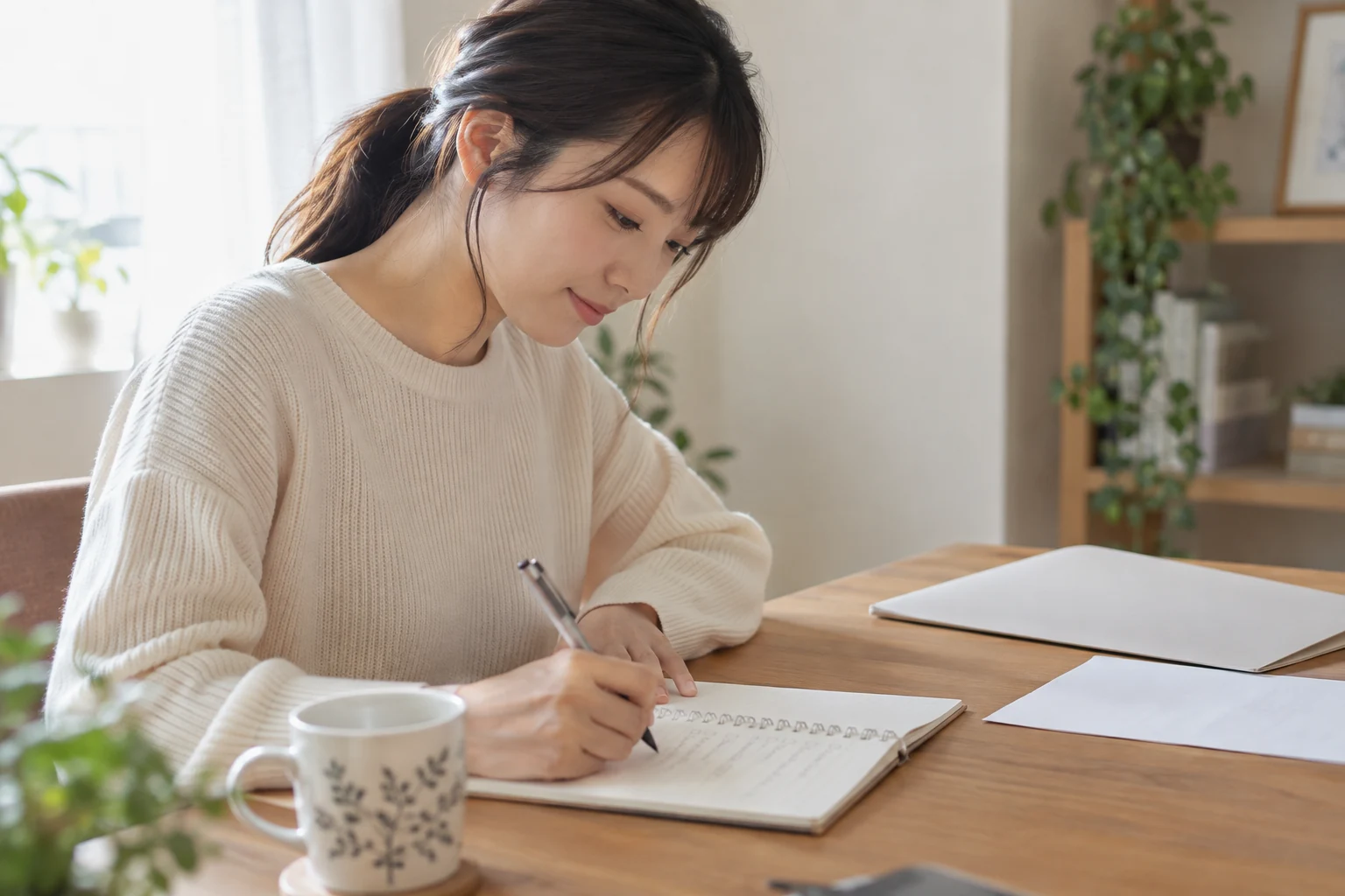 無料相談で聞きたい費用と活動条件を自宅のノートに整理する架空の日本人女性