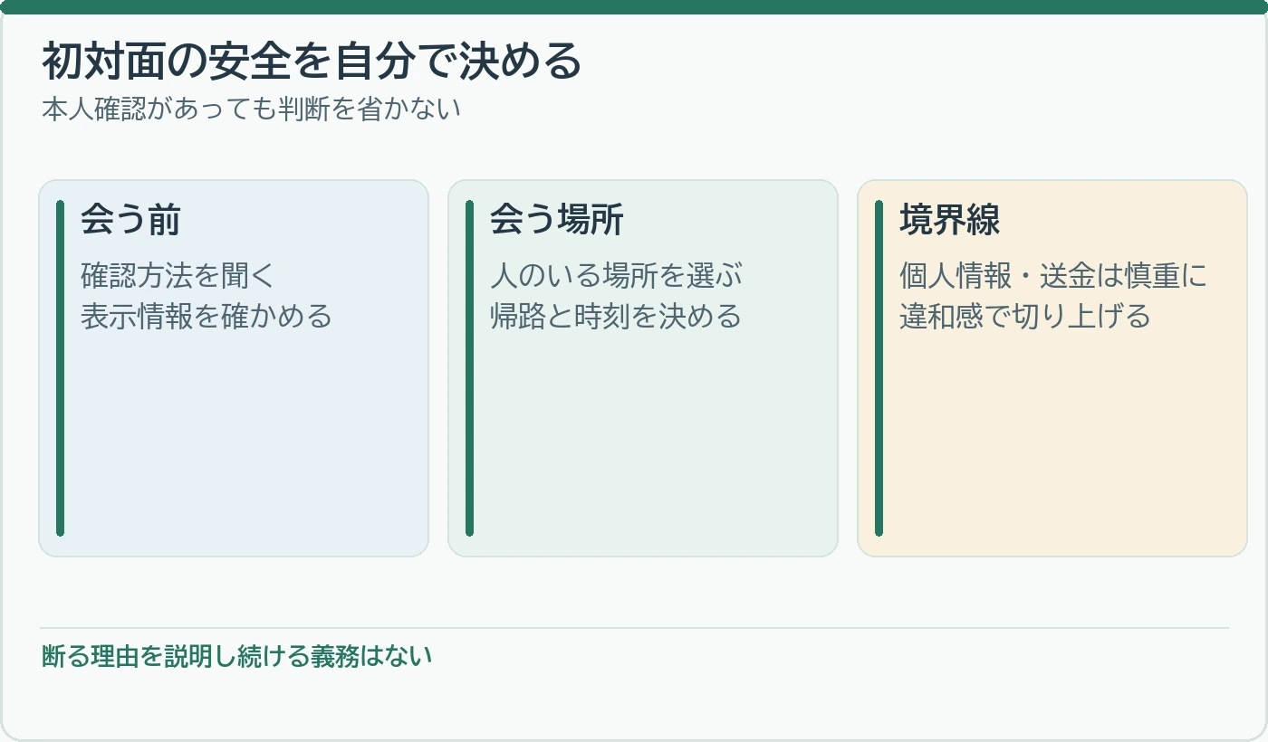 会う前の確認、場所、個人情報と断る境界線を整理した初対面の安全チェック図