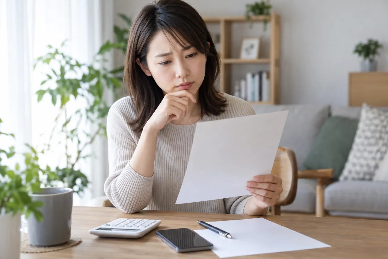 日本人女性が結婚相談所の契約条件と料金と退会方法を自宅で確認している場面