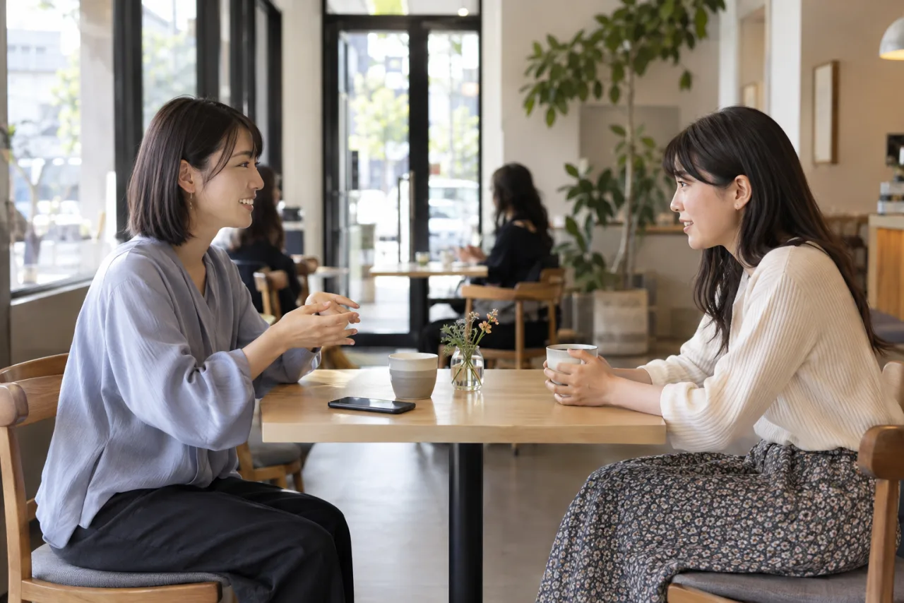 日本人女性二人が昼間の明るいカフェで初対面の会話をしている場面