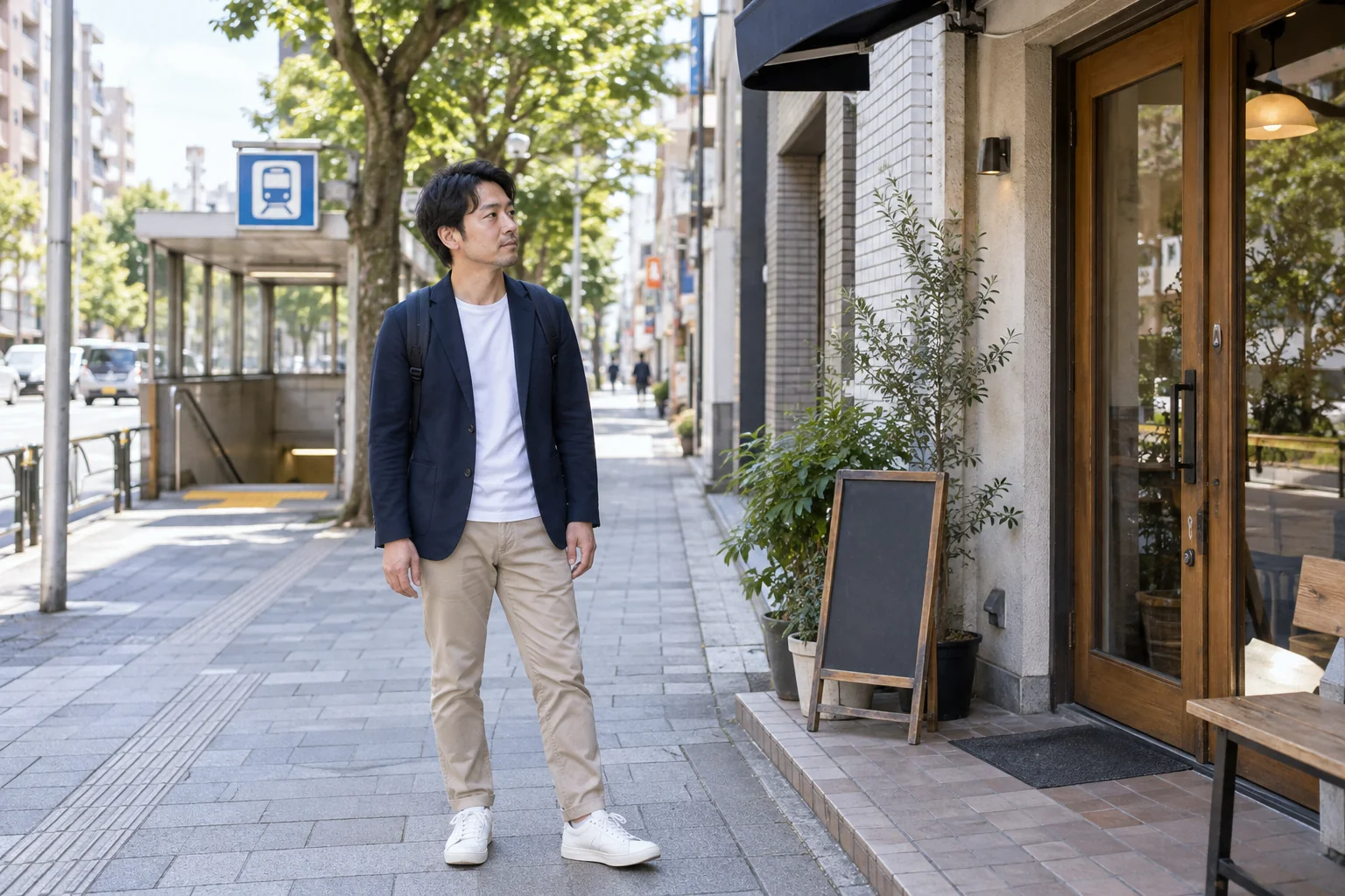 昼間の公共の待ち合わせ場所と帰路を確認する日本人男性