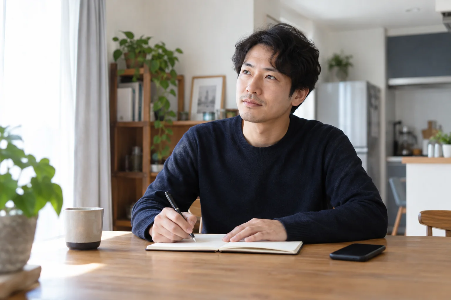 結婚、交際、会話の目的を紙に整理する日本人男性