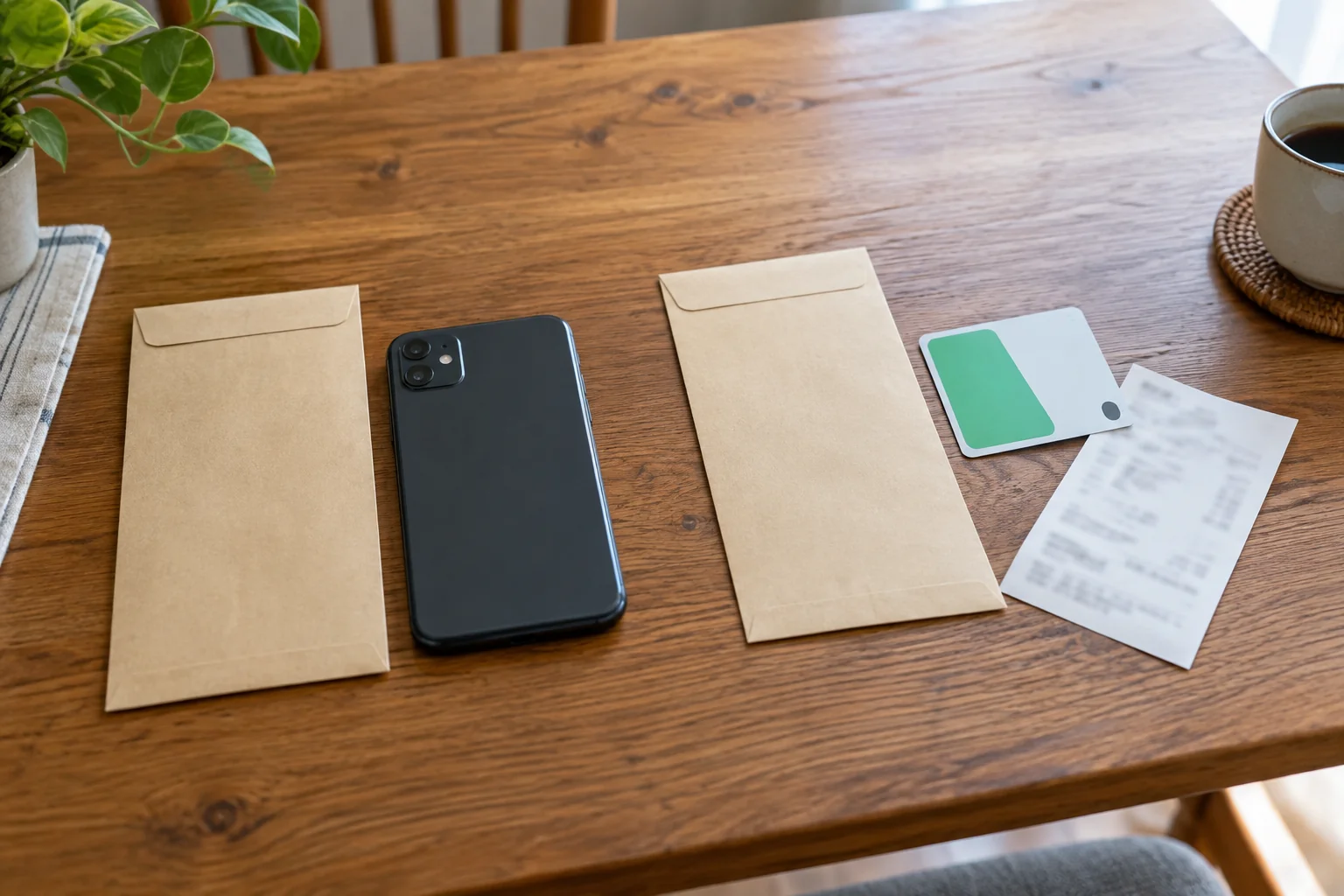 スマートフォンと交通カードを別々の封筒のそばに置く