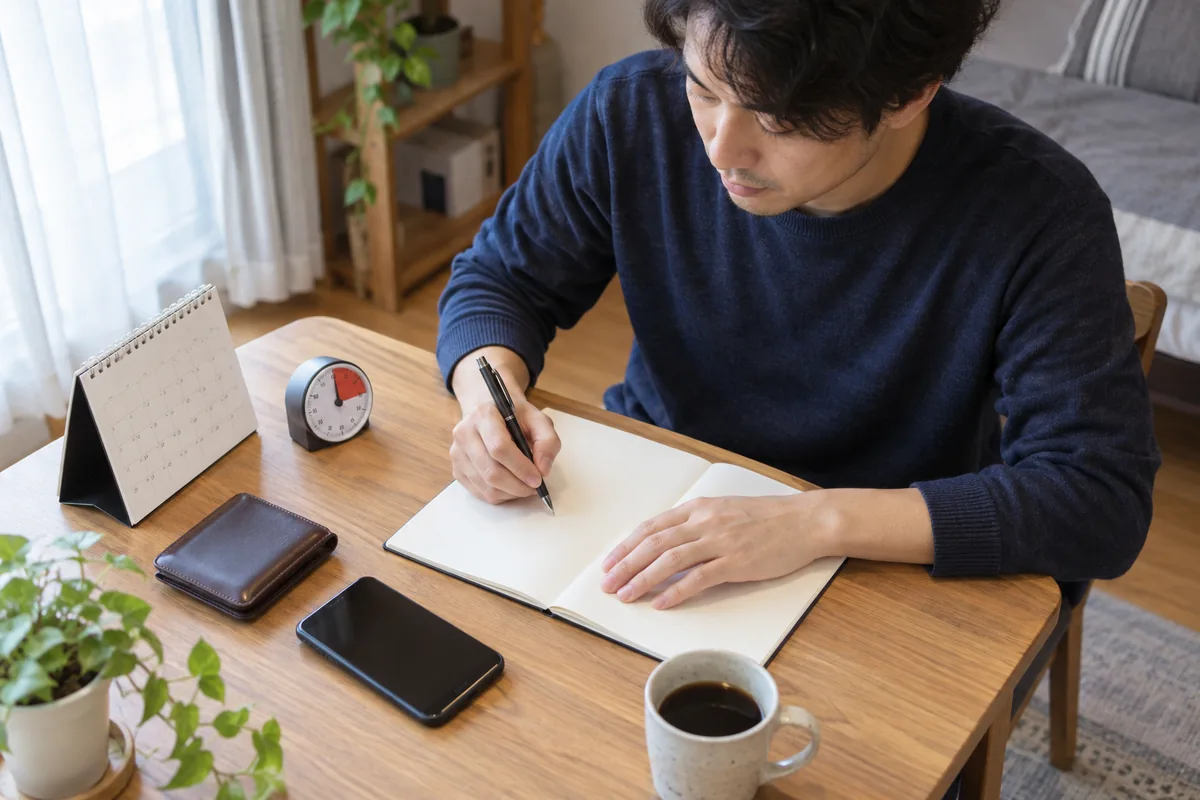カレンダーとタイマーを横に置き婚活アプリの四条件を書く日本人男性の編集写真
