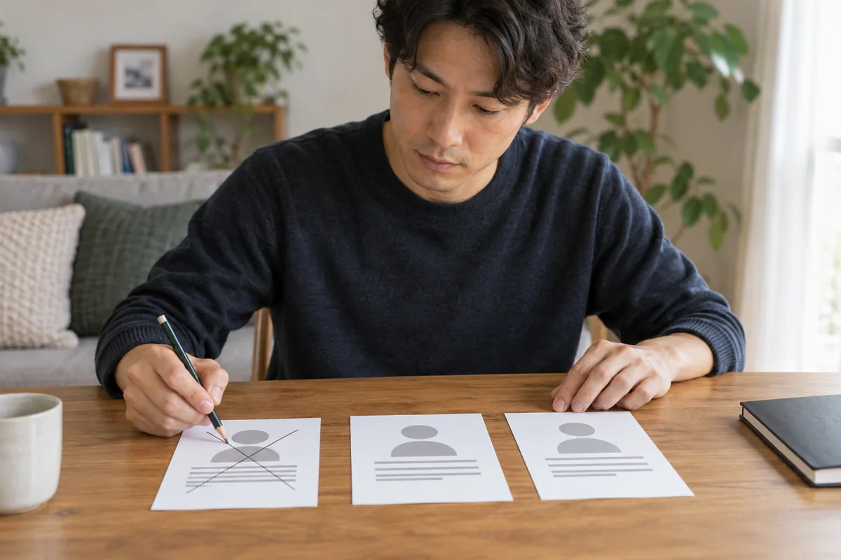三つの候補カードから条件に合わない一つを外す日本人男性の編集写真