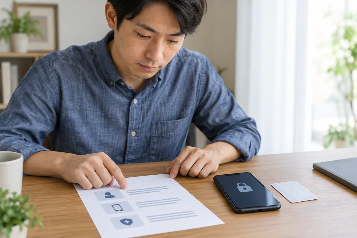 個人情報を見せずに本人確認の公式案内と必要書類を確認する日本人男性の編集写真