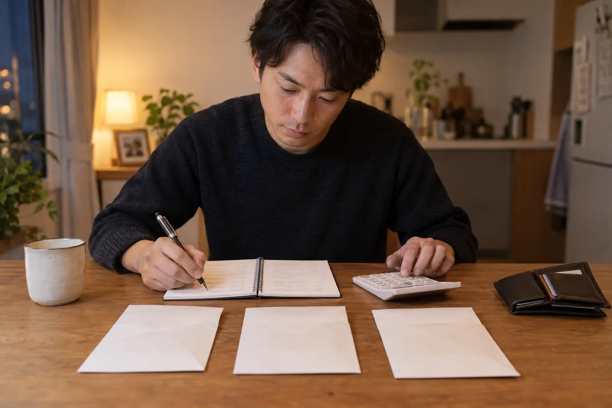 三つの封筒と電卓で3か月のアプリ予算を計算する日本人男性の編集写真