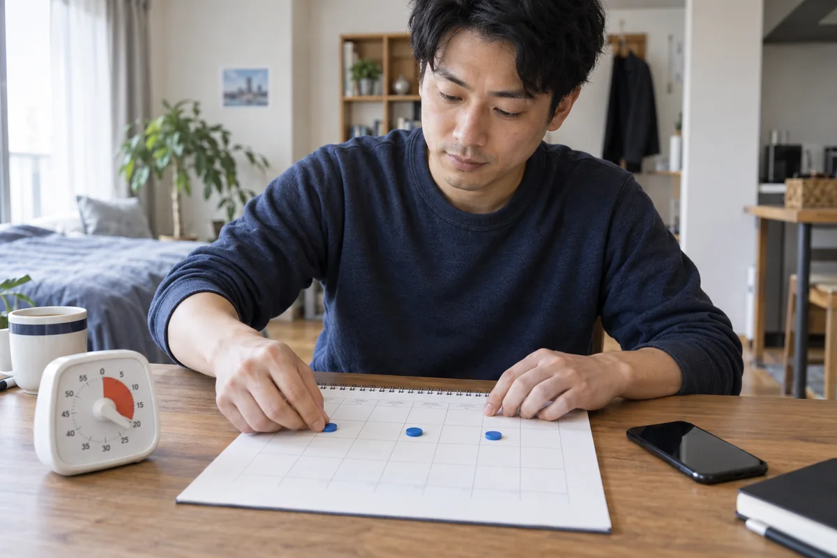 週のカレンダーに三つの活動枠を置き20分のタイマーを使う日本人男性の編集写真