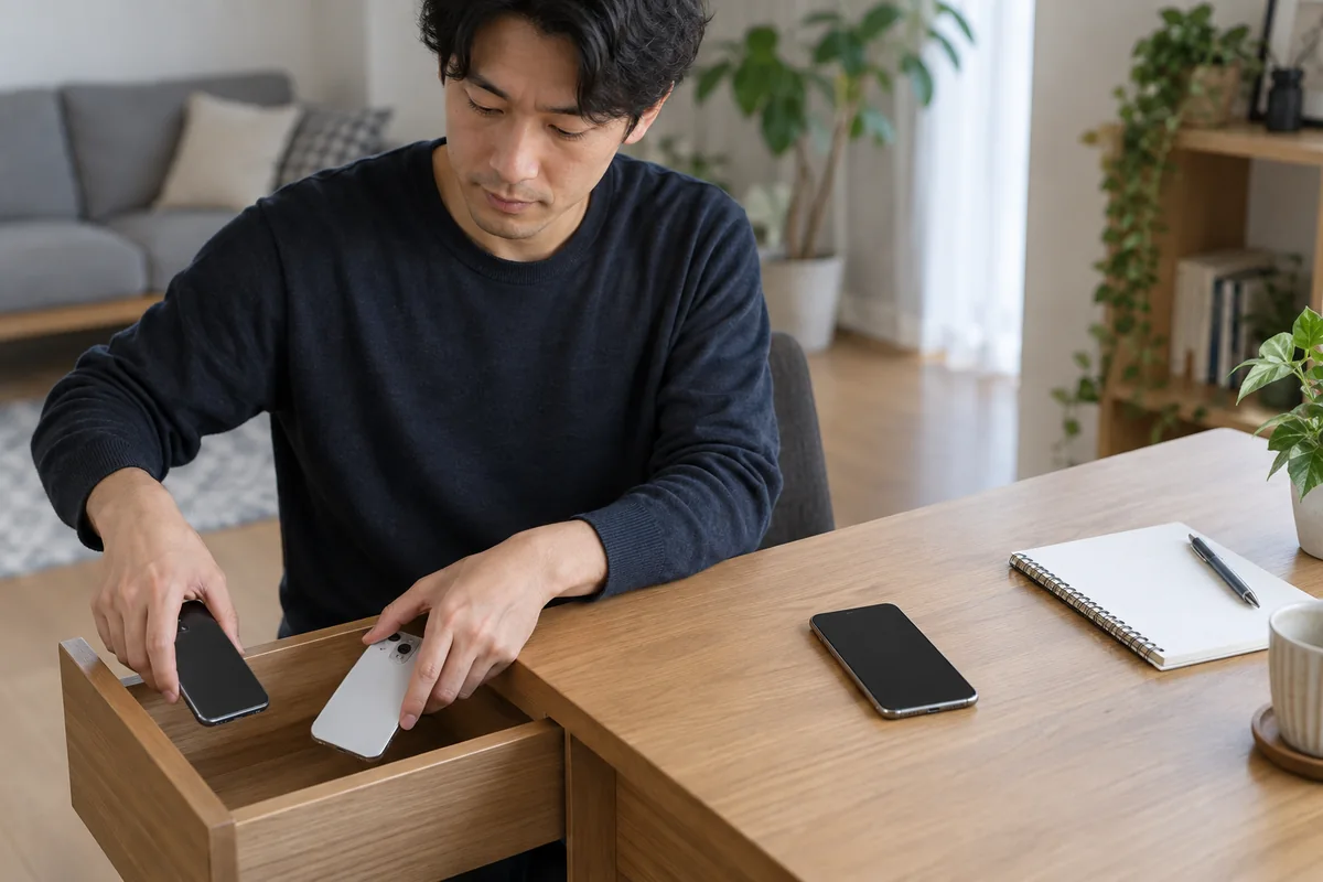 二台のスマートフォンを引き出しへ入れ一台だけ机に残す日本人男性の編集写真