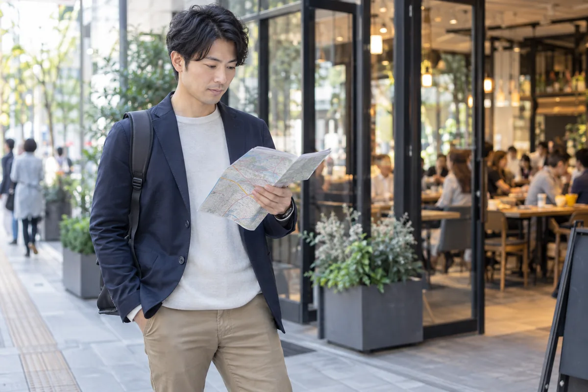 昼間の人通りがあるカフェ前で帰路の地図を確認する日本人男性の編集写真