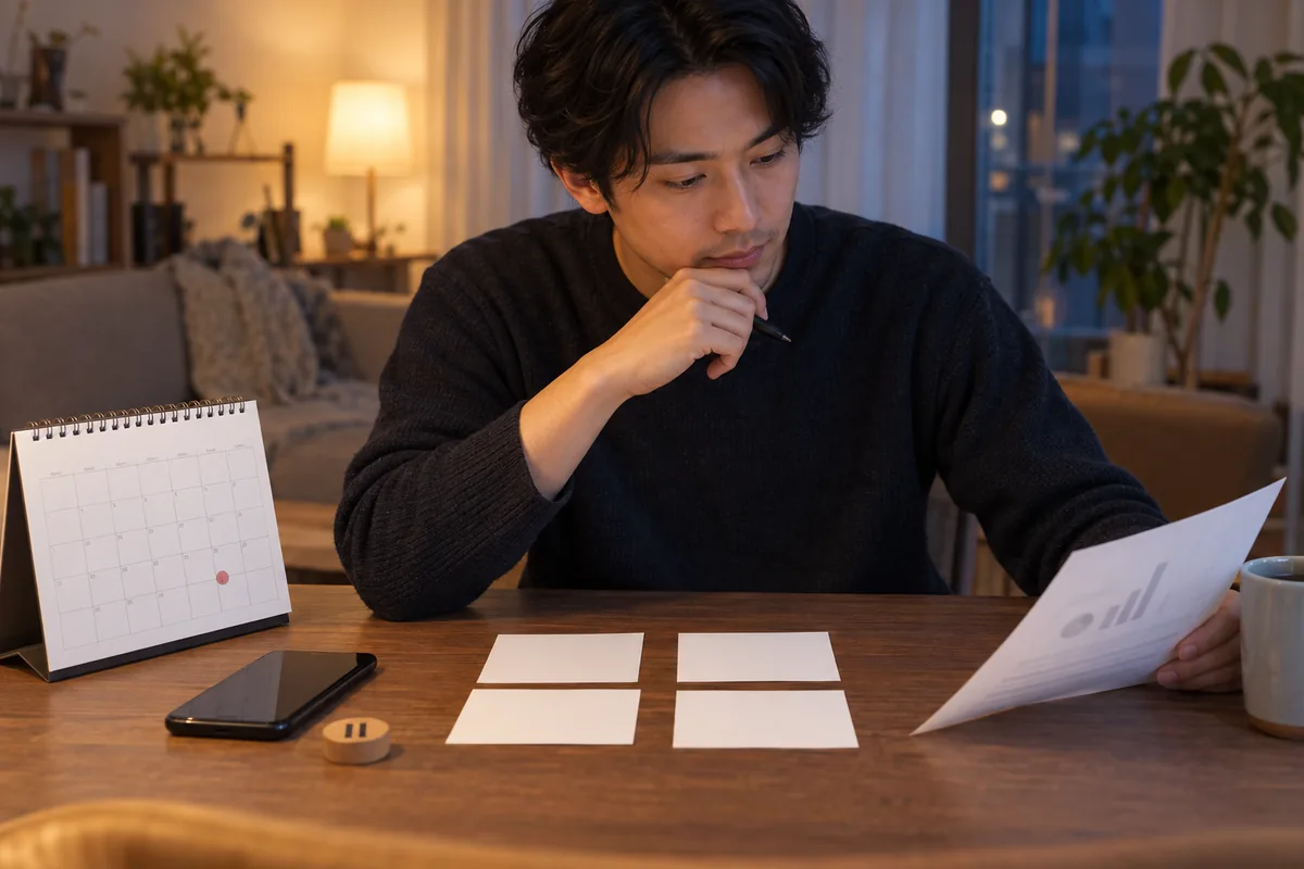 1か月後に四つの条件と更新日を見直す日本人男性の編集写真