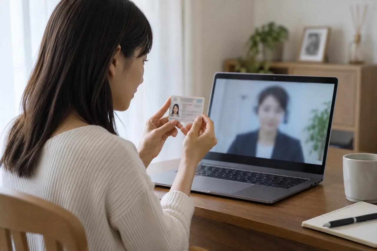 オンライン面談で本人確認を受ける日本人女性