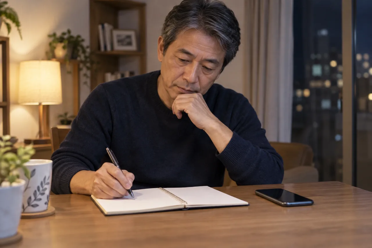 登録前に目的・時間・予算をノートへ書き出す57歳の男性