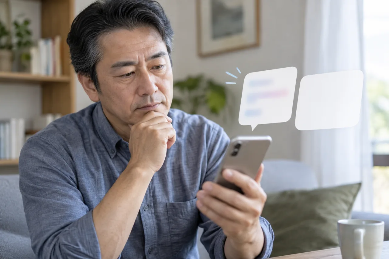 マッチ後の会話を急がず考える57歳の男性とスマートフォン