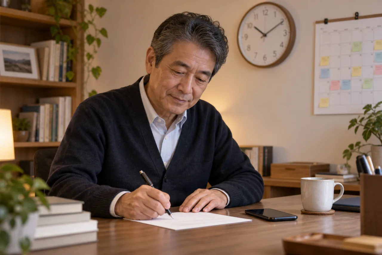 返信する時間と連絡頻度をノートで決める57歳の男性