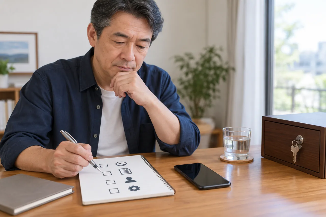 マッチングアプリの本人確認・通報・ブロックなど安全確認をノートで整理する57歳の男性