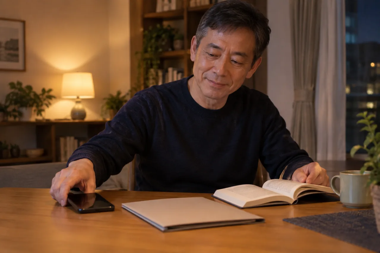 スマートフォンを伏せてマッチングアプリを休む57歳の男性