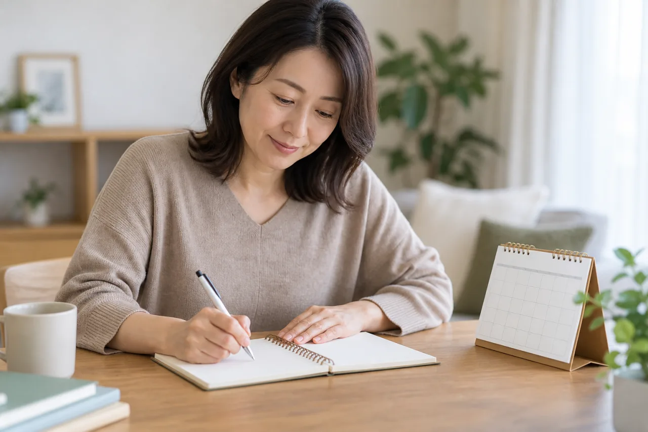日本人女性が希望する関係と会う頻度をノートに書き出している様子