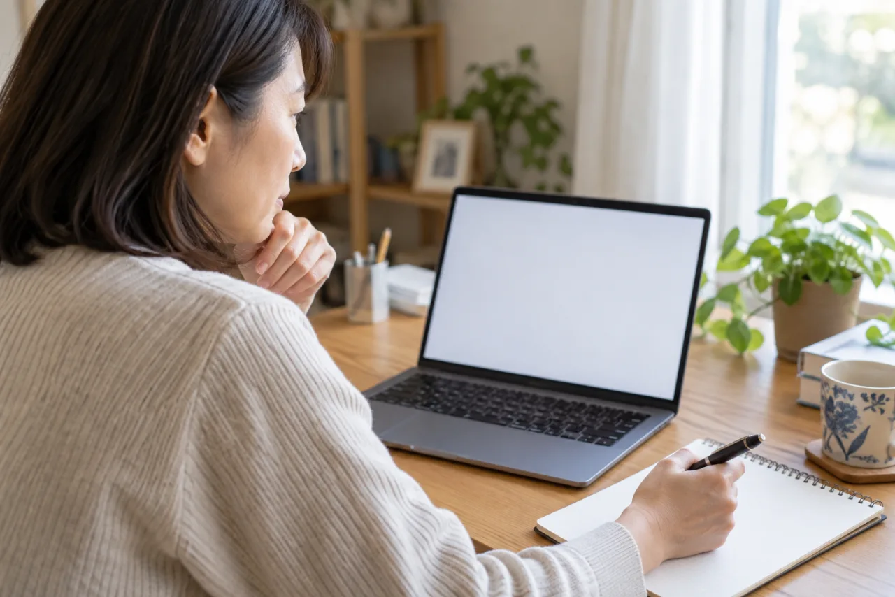 日本人女性が目的別の3枚のカードを並べてアプリの種類を比較している様子