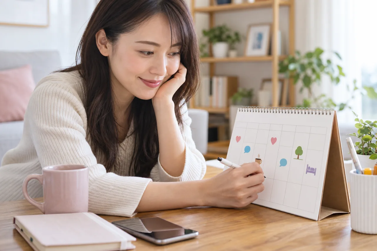 日本人女性がアプリを続けるか休むか退会するかを白紙のチェックリストで振り返っている様子