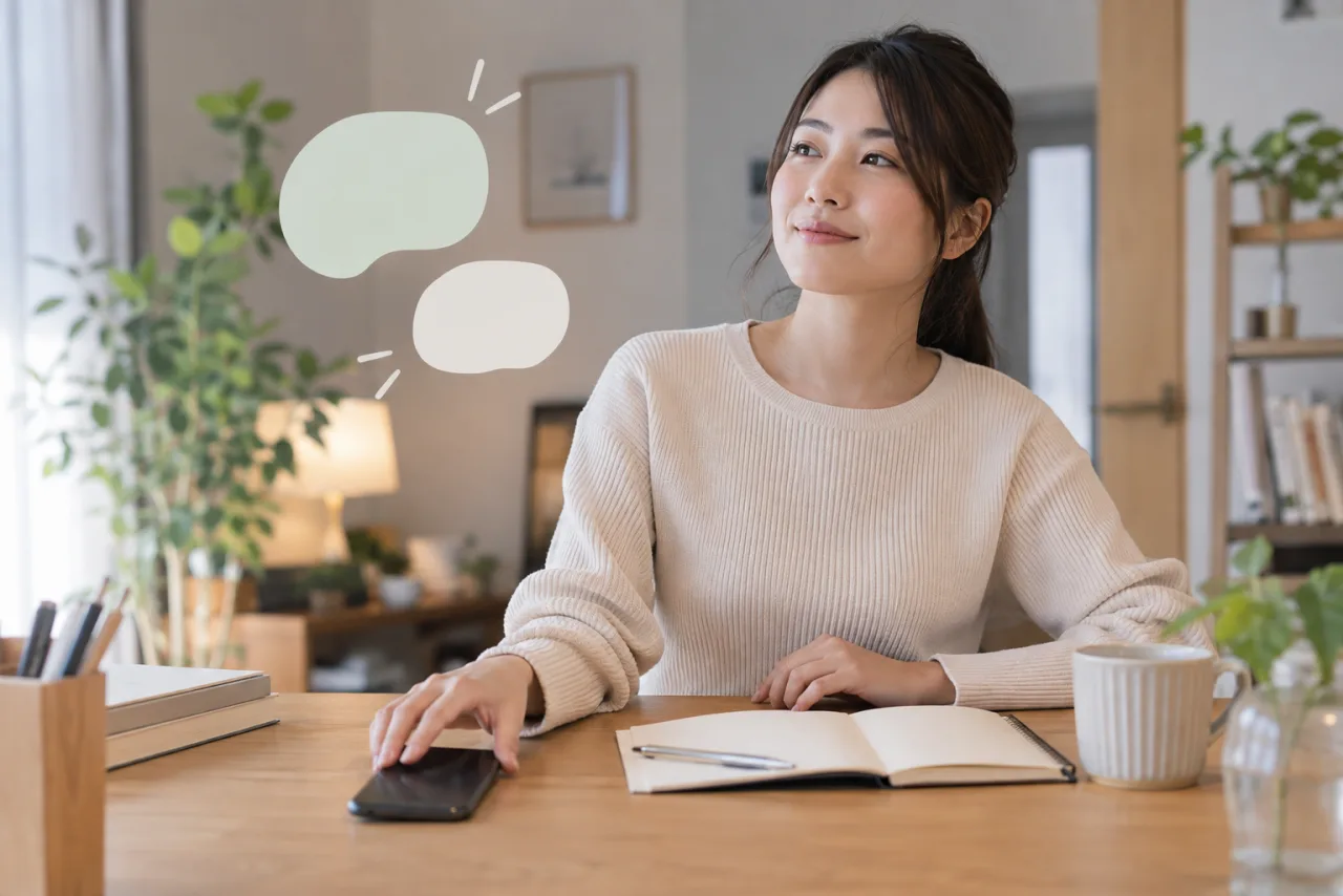 日本人の男女が人目のある明るいカフェで距離を保って初対面の会話をしている様子