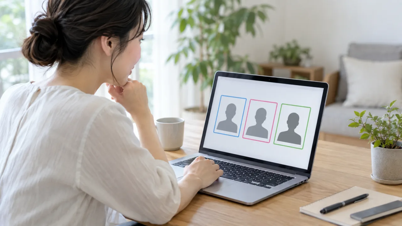 日本人男性が明るい窓辺で自然な表情のプロフィール写真を撮っている様子