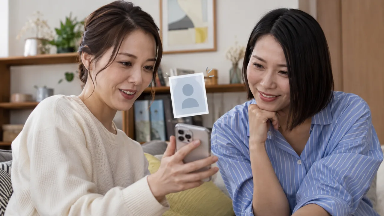 日本人男性が写真の背景に住所や個人情報が写っていないか確認している様子