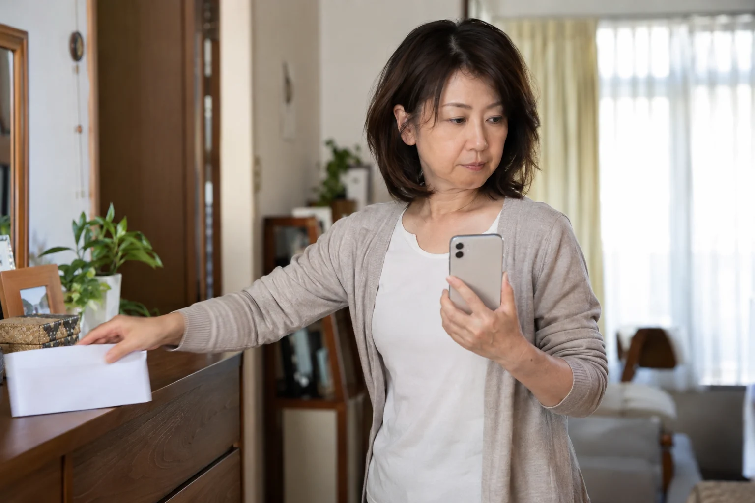 自分の写真に郵便物など個人情報が写っていないか確かめる女性