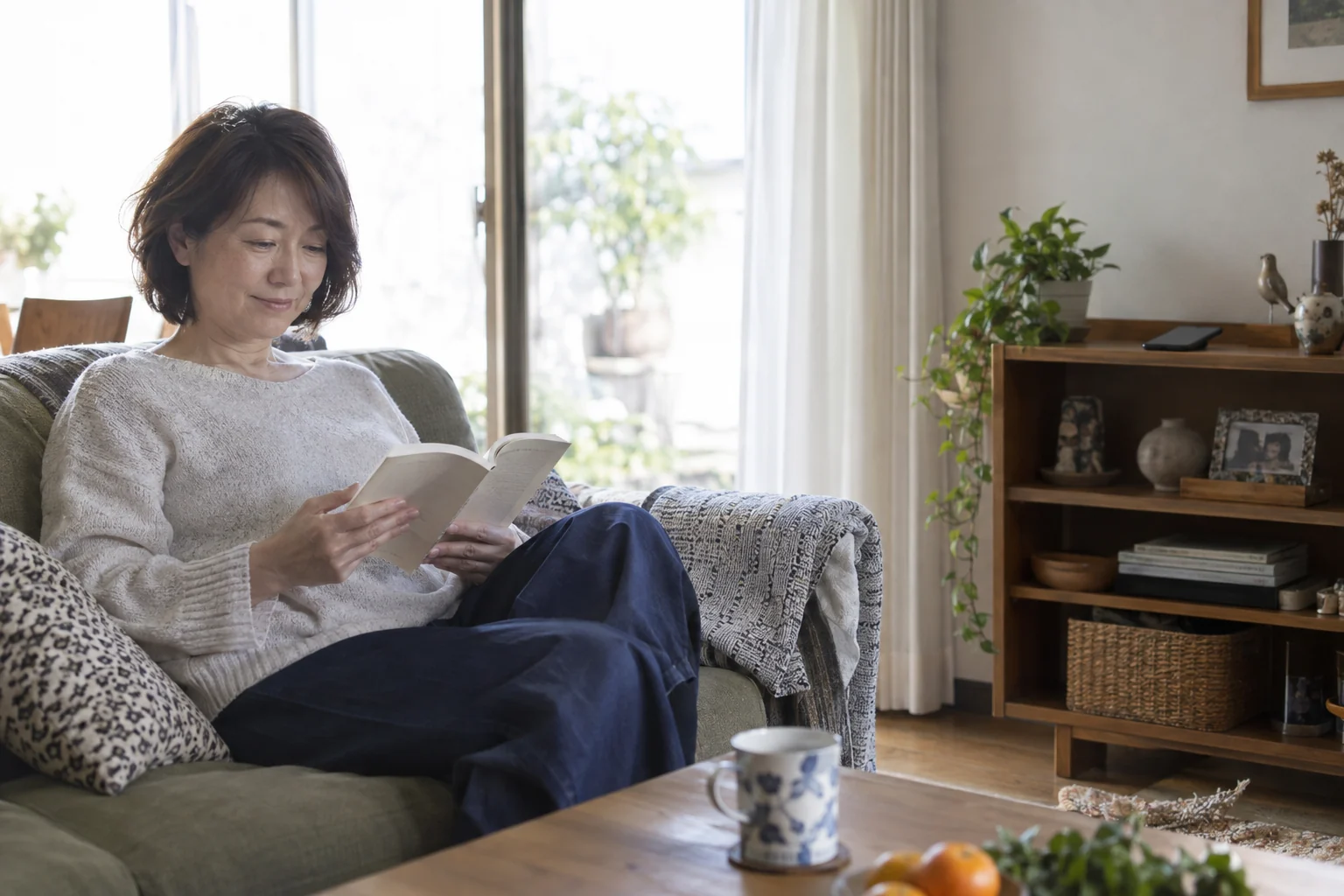 スマートフォンから離れて休む日本人女性