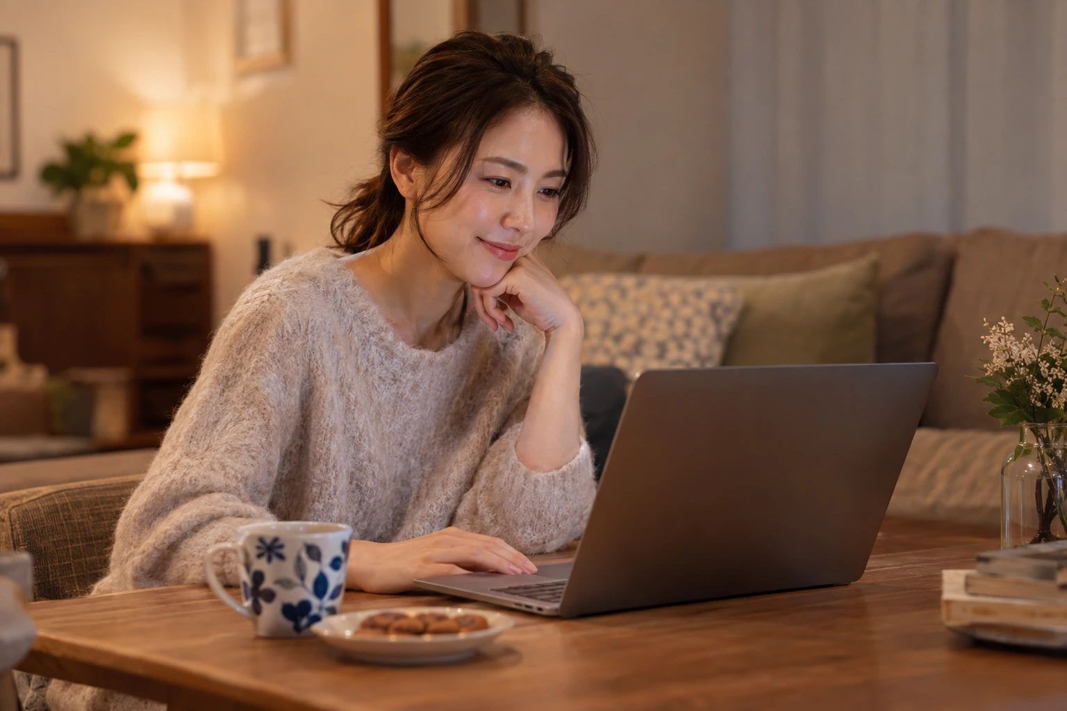 日本人の女性が相手のプロフィールから話題を選ぶ様子