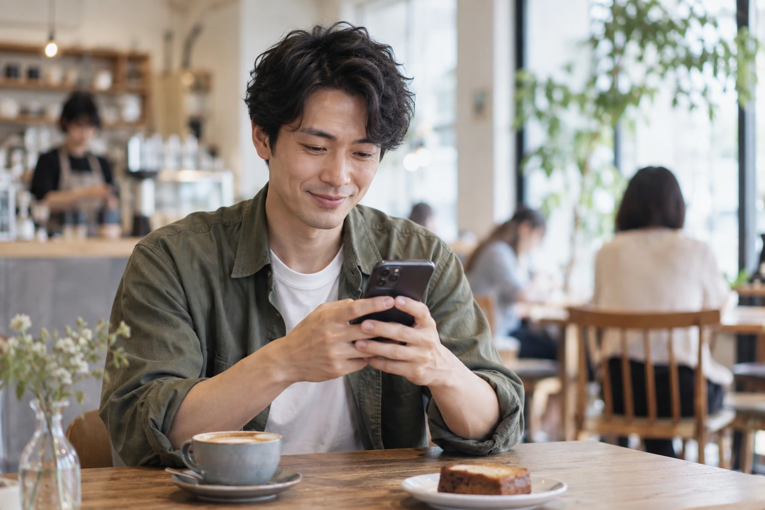 日本人の男性が短く答えやすいメッセージを入力する様子