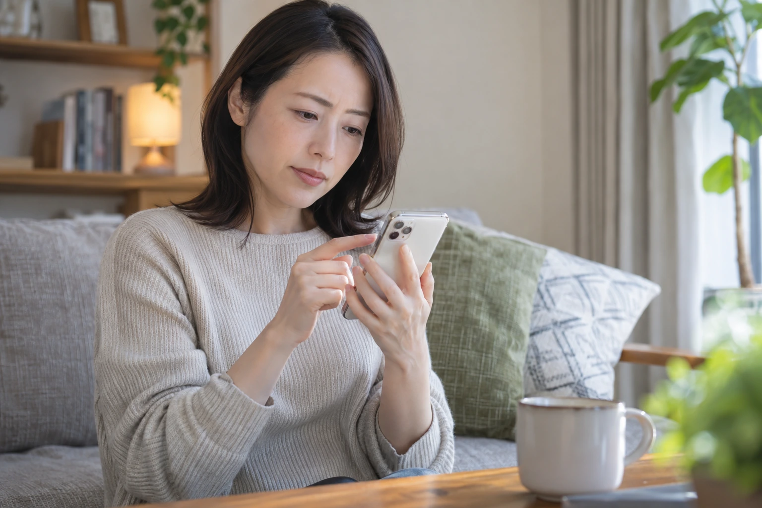 日本人の女性がスマートフォンのプライバシー設定を確認する様子
