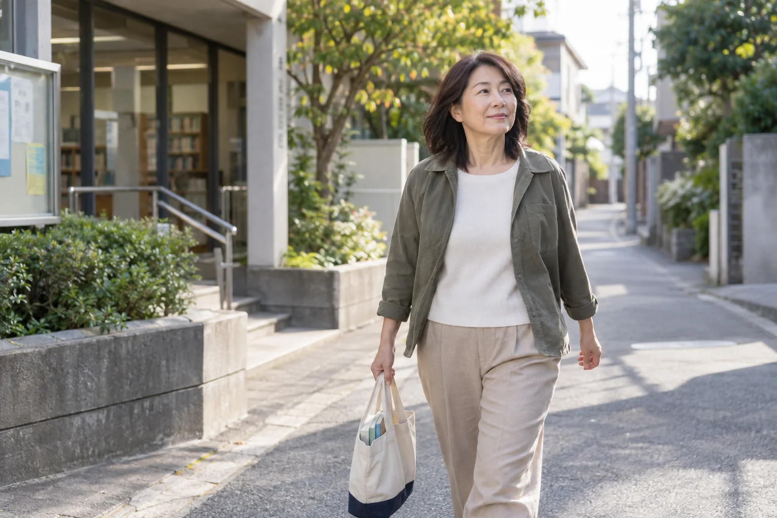 図書館の帰りに一人の週末を大切にしながら人とのつながりを考える架空の日本人女性