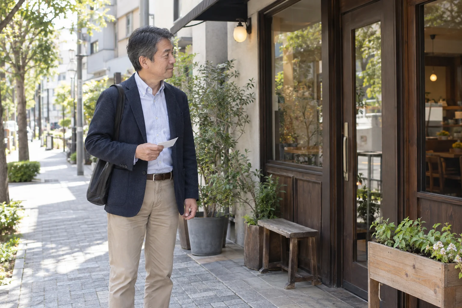 昼の公共のカフェ入口と帰り道を自分で選ぶ架空の50代日本人男性