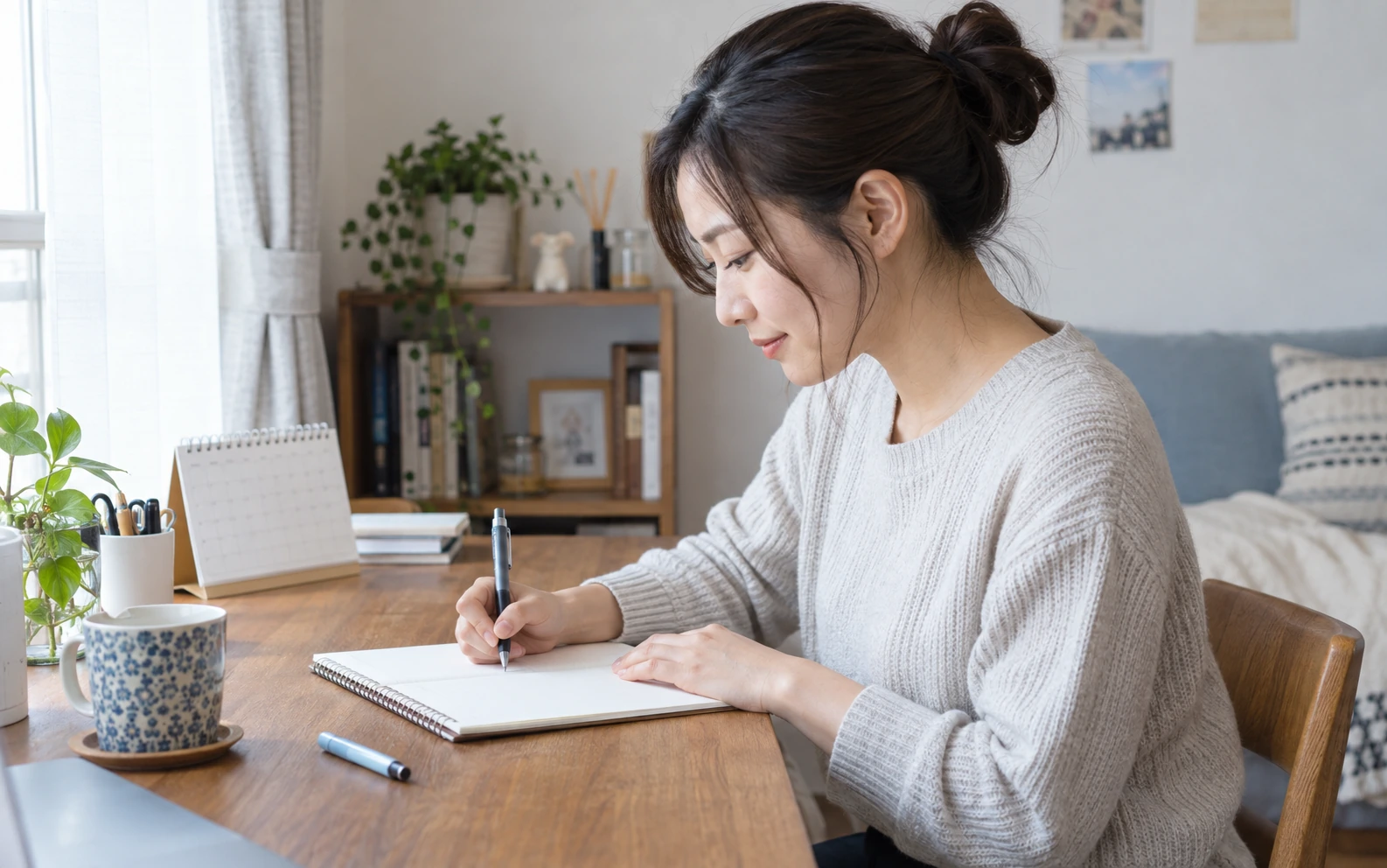 自宅で望む関係や使う条件をノートに書き出す日本人女性