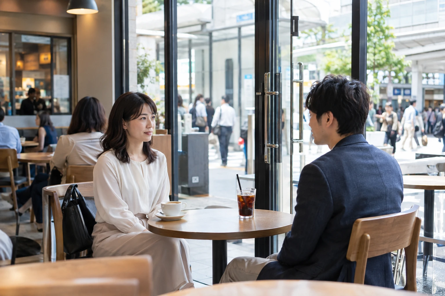 昼間の人目がある駅近くのカフェで、距離を保って初対面の会話をする日本人男女